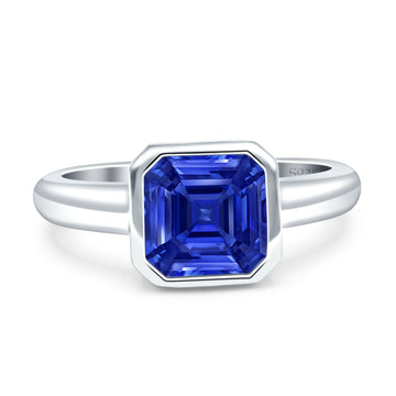 Bezel Set 8mmX8mm Asscher Engagement Ring Simulated Blue Sapphire 925 Sterling Silver Wholesale